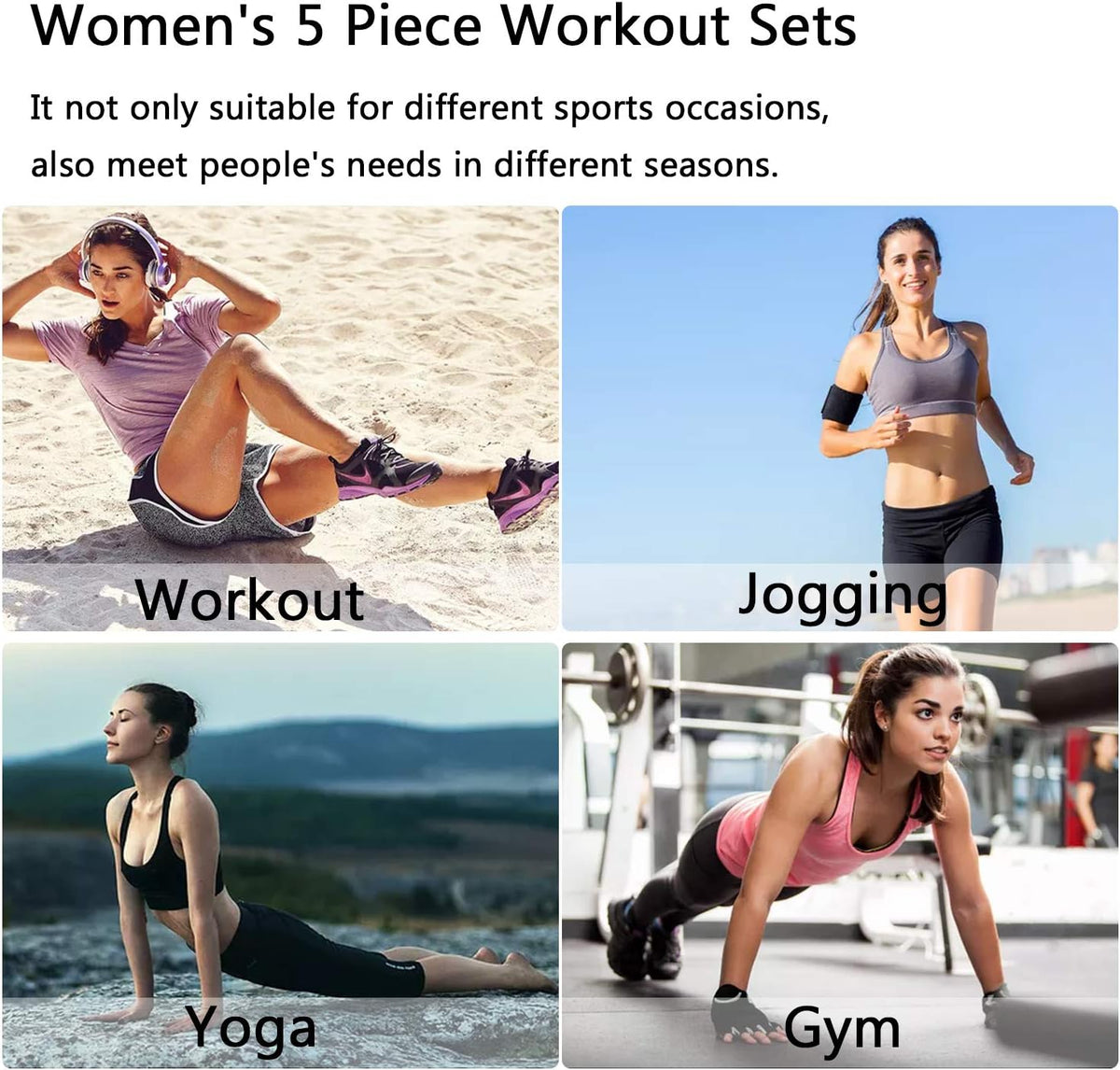 5 Piece Matching Workout Sets for Women Yoga Gym Athletic Pilates Outfits