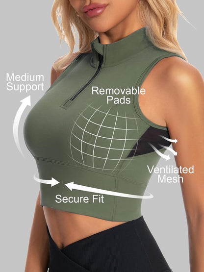 Zip Front Cropped Workout Tank Tops with Built in Bra