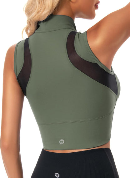 Zip Front Cropped Workout Tank Tops with Built in Bra
