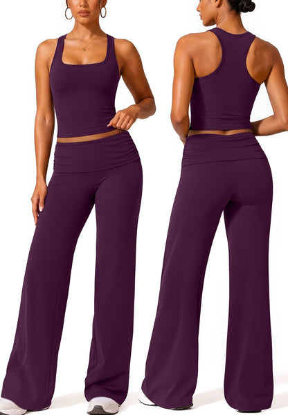Womens Workout Sets Foldover Wide Leg Yoga Pants Pilates Outfits
