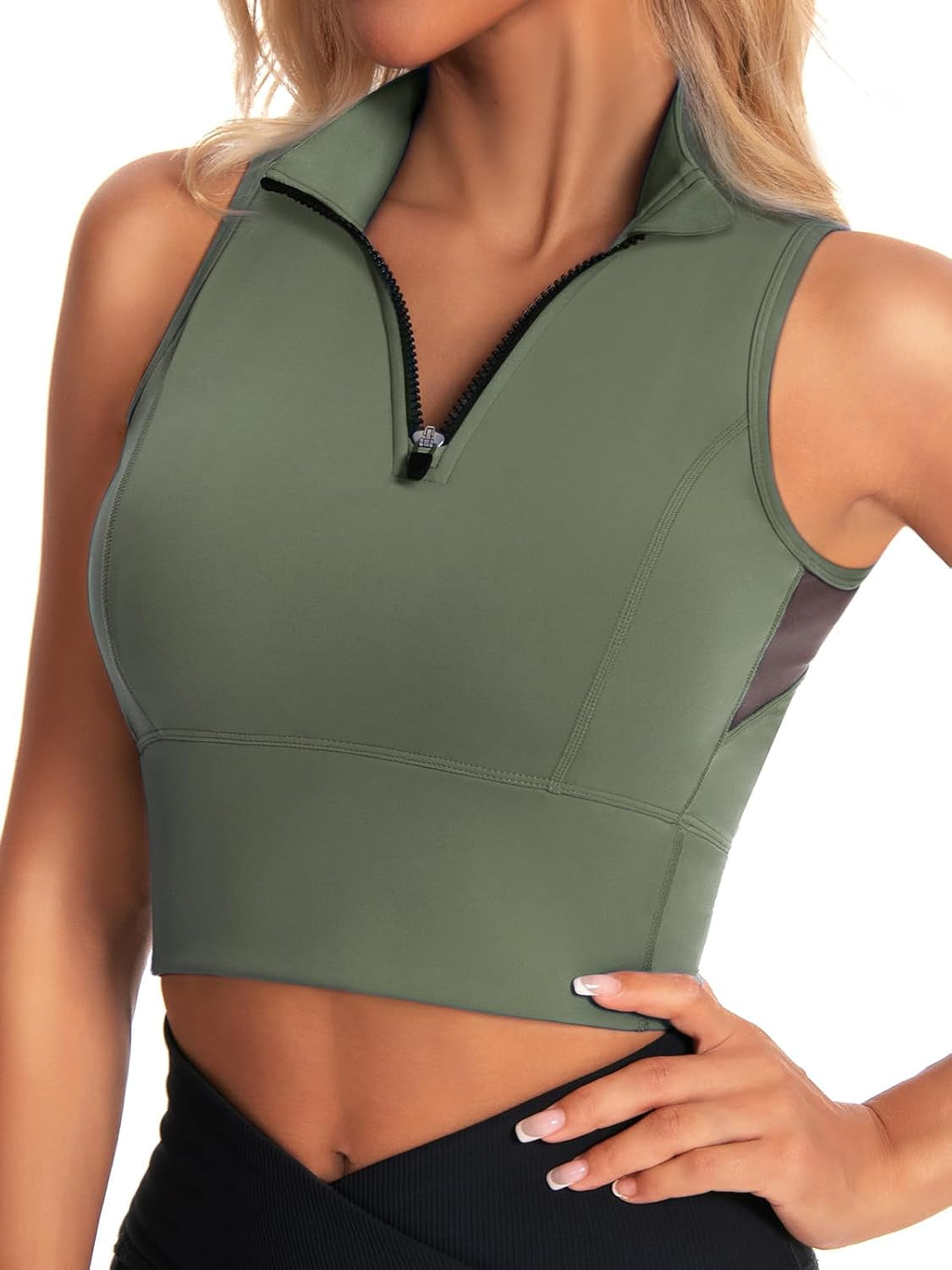 Zip Front Cropped Workout Tank Tops with Built in Bra