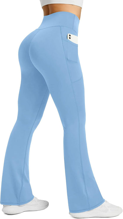 Womens Flared Yoga Pants with Pockets, High Waisted Flare Leggings Bell Bottom Bootcut Yoga Dress Pants