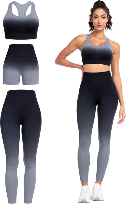 3 Piece Workout Sets for Women Butt Lifting Leggings with High Impact Sports Bra Gym Shorts