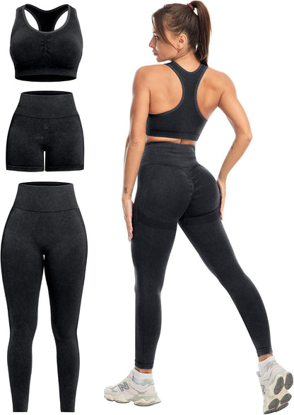 3 Piece Workout Sets for Women Butt Lifting Leggings with High Impact Sports Bra Gym Shorts