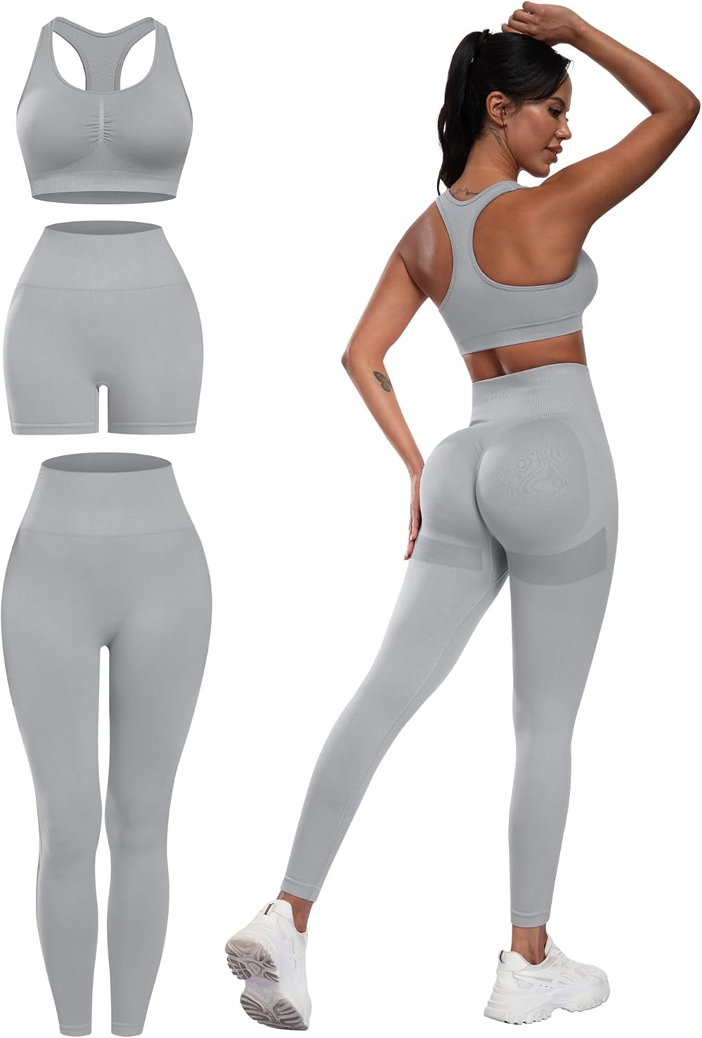 3 Piece Workout Sets for Women Butt Lifting Leggings with High Impact Sports Bra Gym Shorts