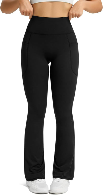 Womens Flared Yoga Pants with Pockets, High Waisted Flare Leggings Bell Bottom Bootcut Yoga Dress Pants