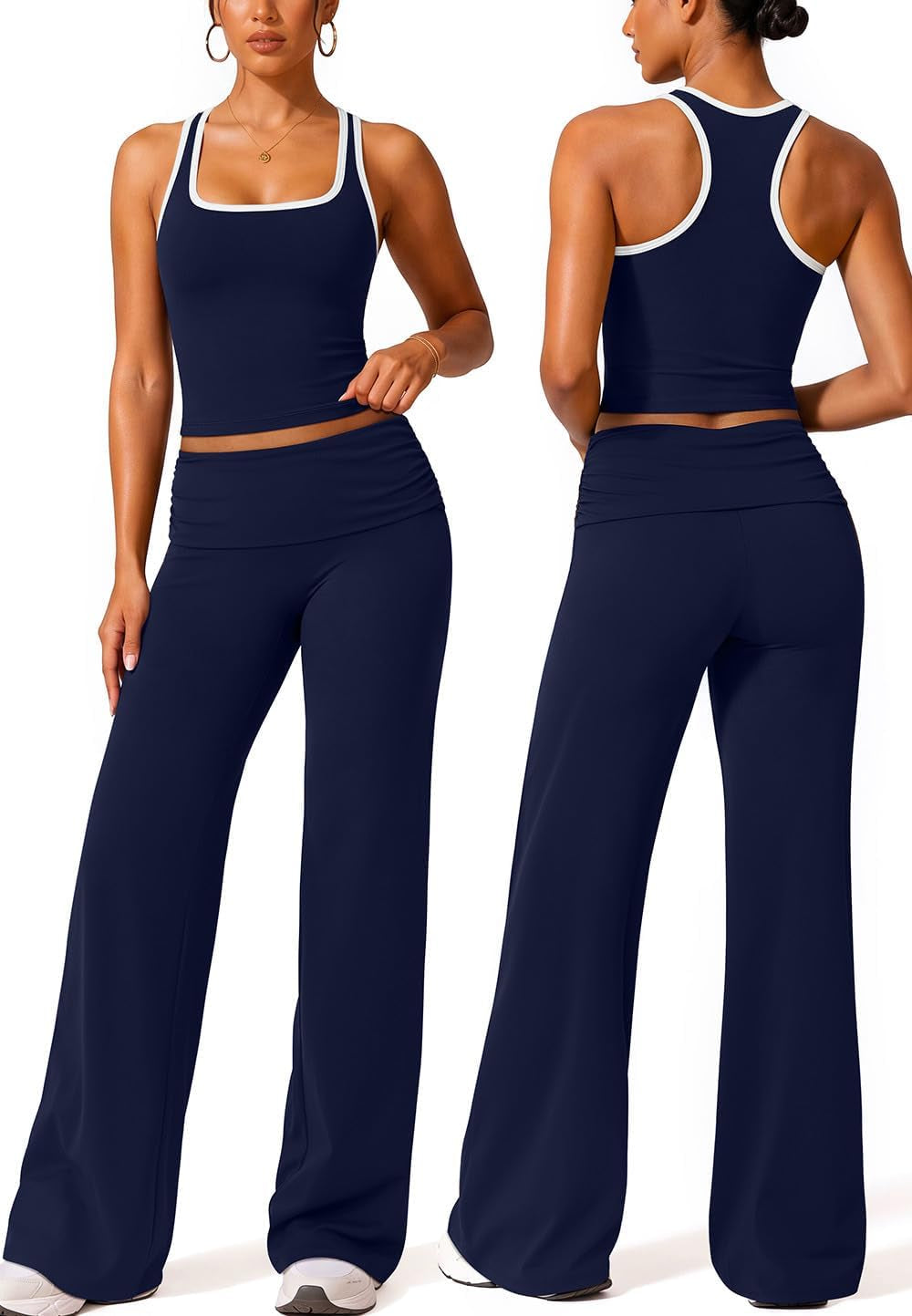 Womens Workout Sets Foldover Wide Leg Yoga Pants Pilates Outfits