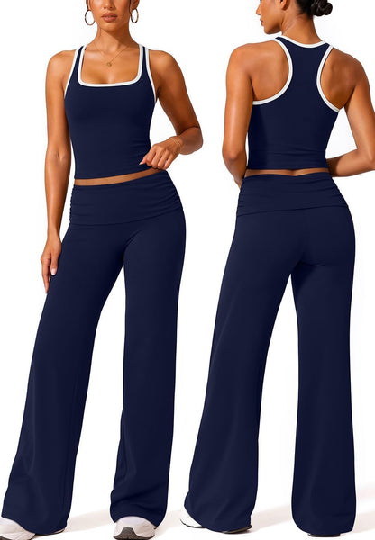 Womens Workout Sets Foldover Wide Leg Yoga Pants Pilates Outfits