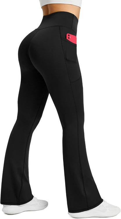Womens Flared Yoga Pants with Pockets, High Waisted Flare Leggings Bell Bottom Bootcut Yoga Dress Pants
