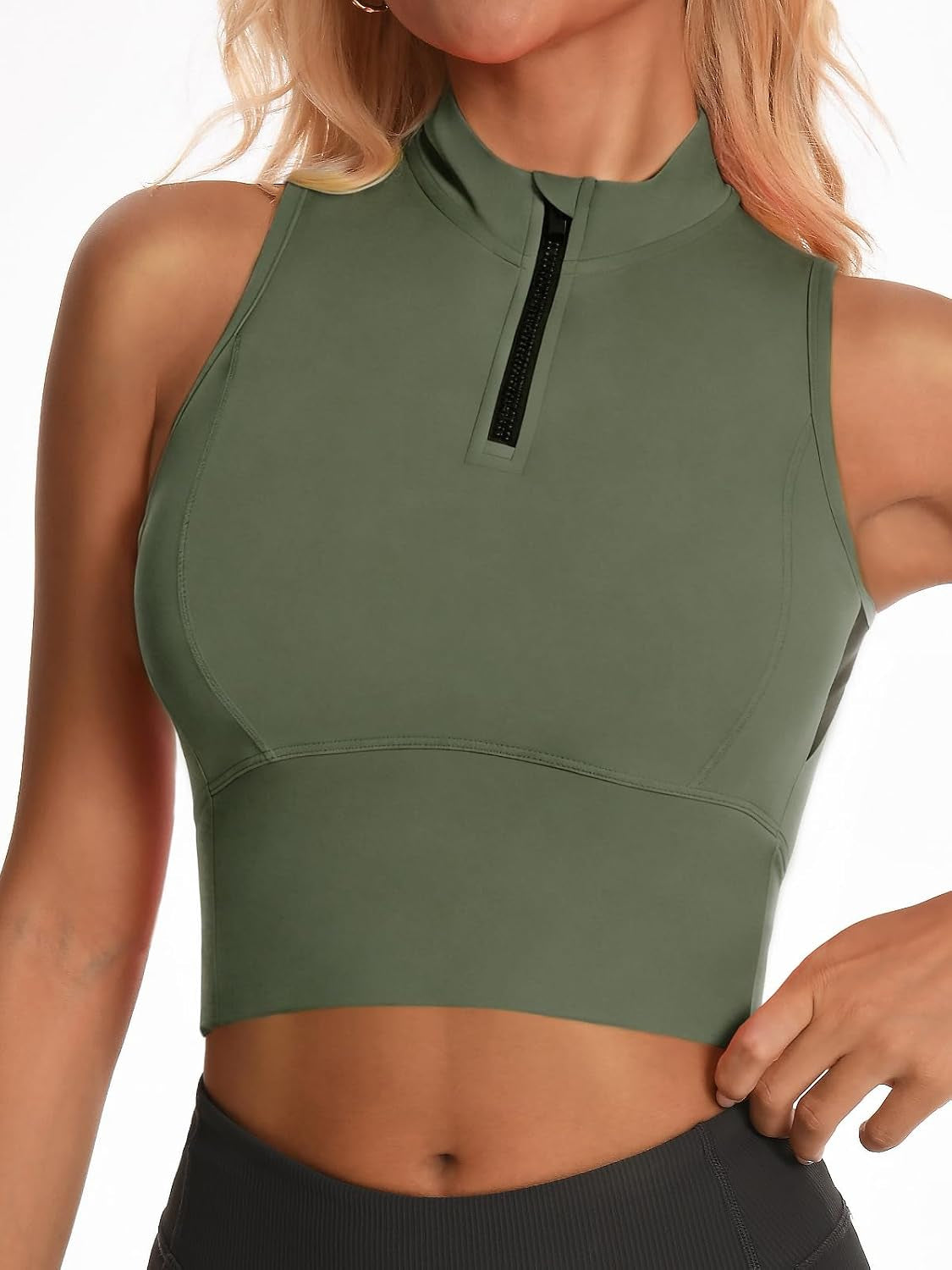 Zip Front Cropped Workout Tank Tops with Built in Bra