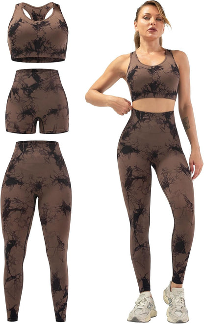 3 Piece Workout Sets for Women Butt Lifting Leggings with High Impact Sports Bra Gym Shorts