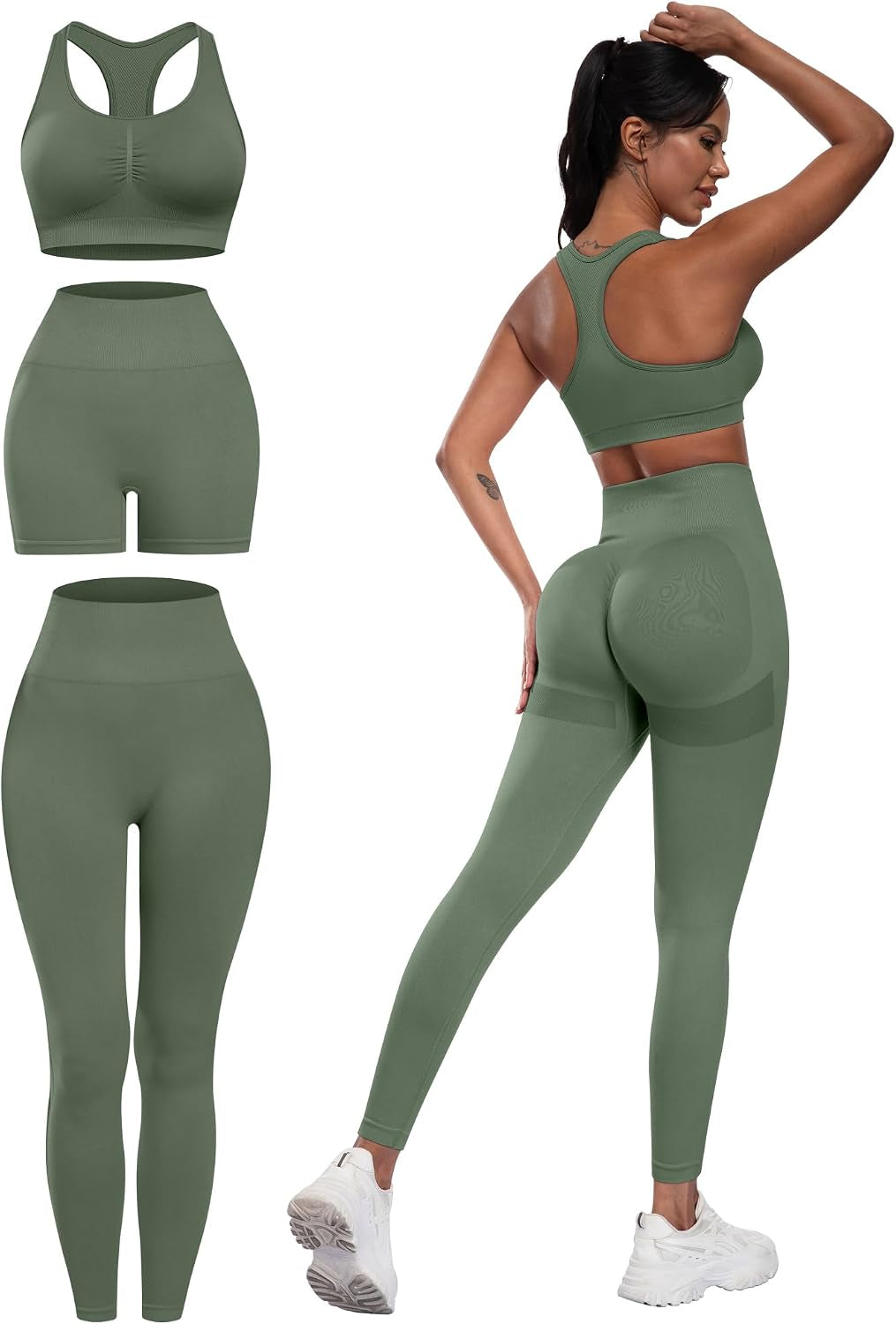 3 Piece Workout Sets for Women Butt Lifting Leggings with High Impact Sports Bra Gym Shorts