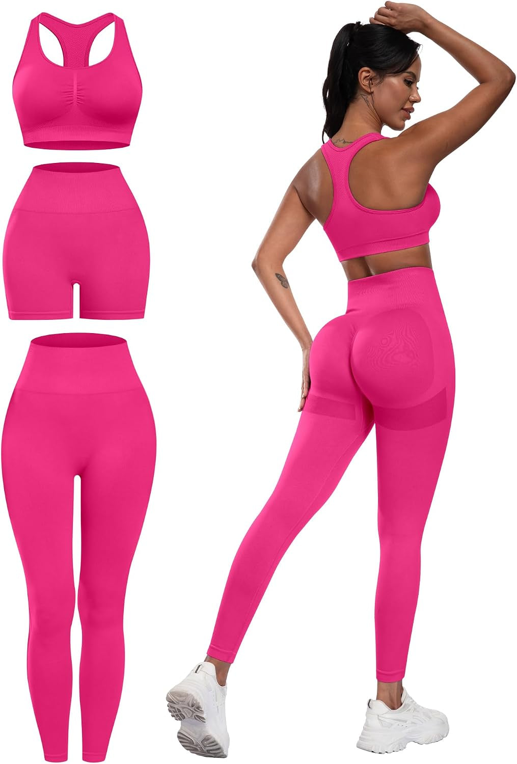 3 Piece Workout Sets for Women Butt Lifting Leggings with High Impact Sports Bra Gym Shorts