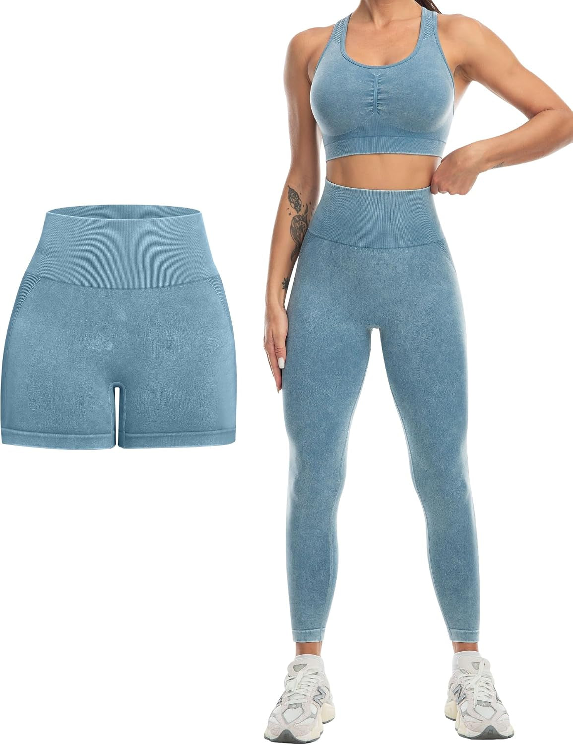 3 Piece Workout Sets for Women Butt Lifting Leggings with High Impact Sports Bra Gym Shorts