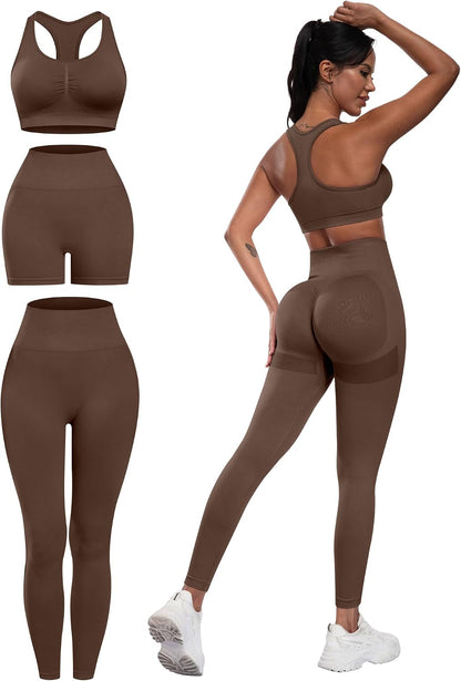 3 Piece Workout Sets for Women Butt Lifting Leggings with High Impact Sports Bra Gym Shorts