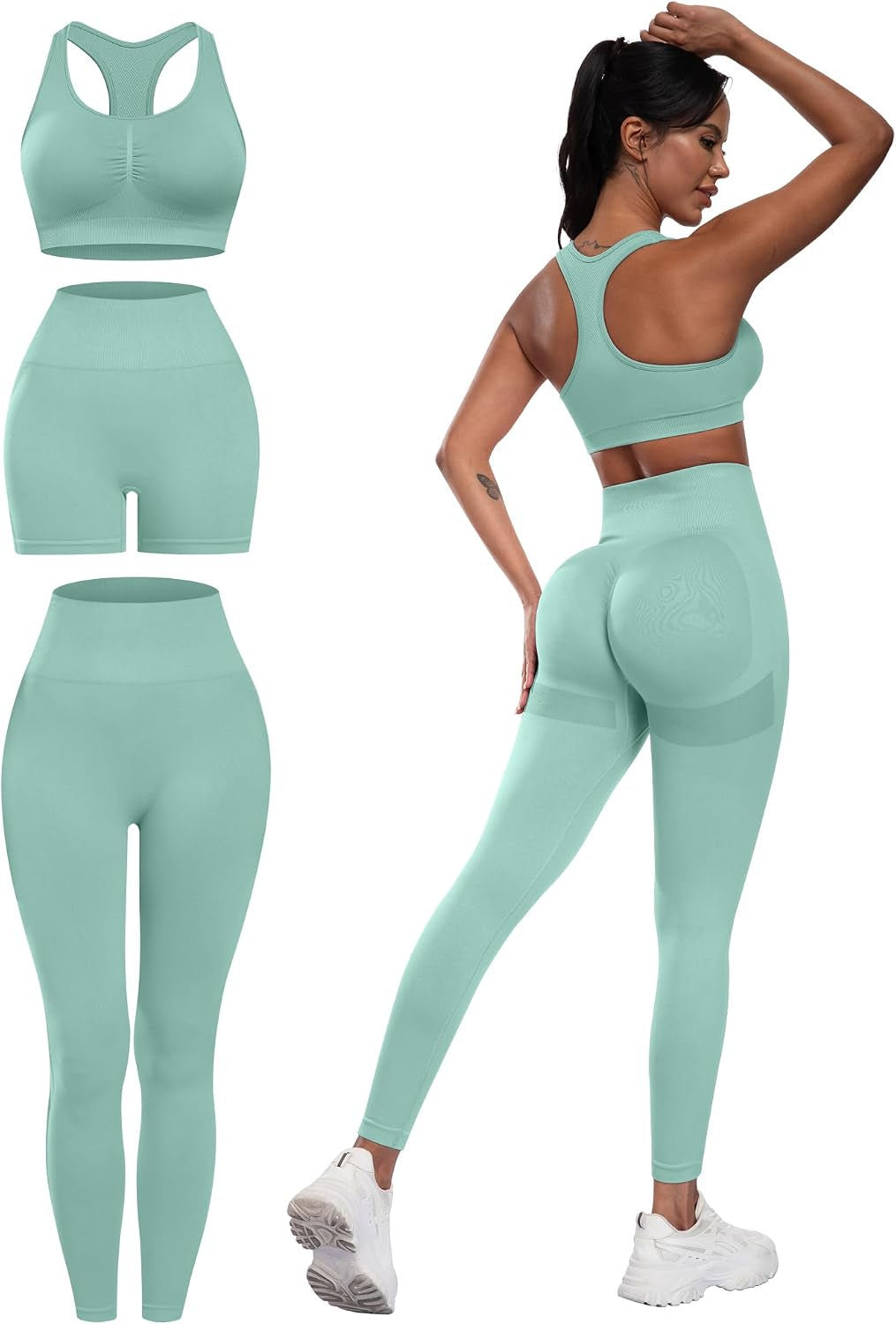 3 Piece Workout Sets for Women Butt Lifting Leggings with High Impact Sports Bra Gym Shorts
