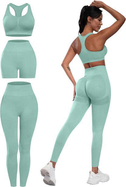 3 Piece Workout Sets for Women Butt Lifting Leggings with High Impact Sports Bra Gym Shorts