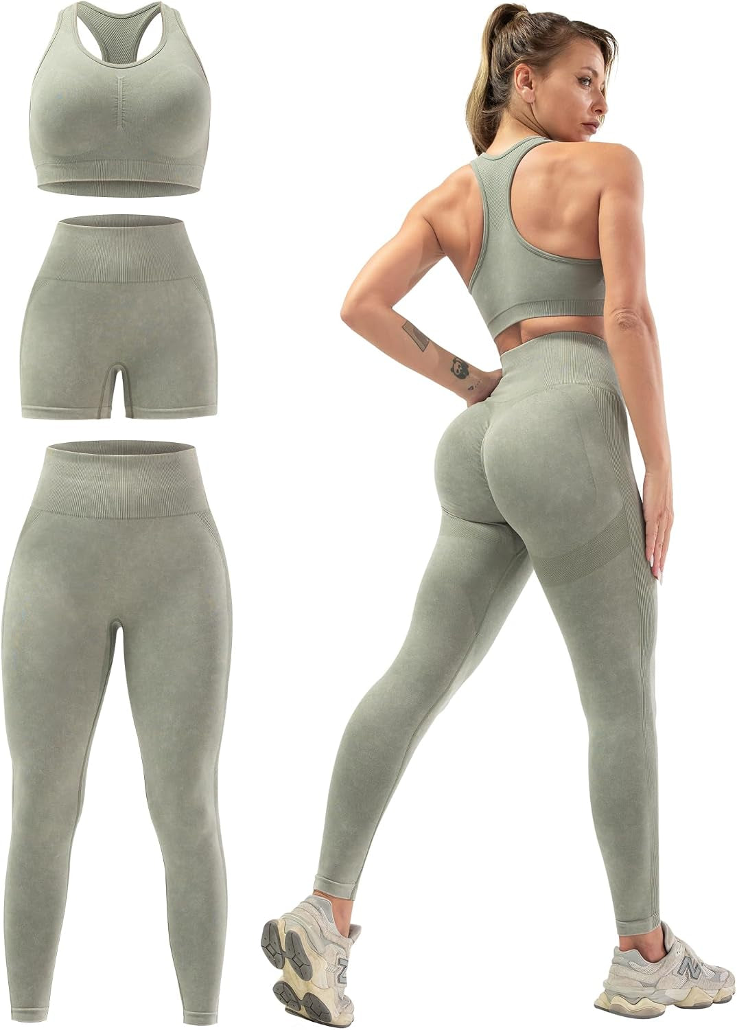3 Piece Workout Sets for Women Butt Lifting Leggings with High Impact Sports Bra Gym Shorts