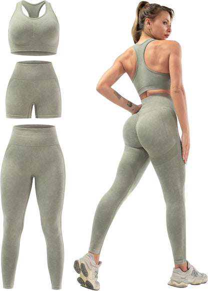3 Piece Workout Sets for Women Butt Lifting Leggings with High Impact Sports Bra Gym Shorts