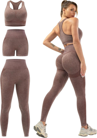 3 Piece Workout Sets for Women Butt Lifting Leggings with High Impact Sports Bra Gym Shorts