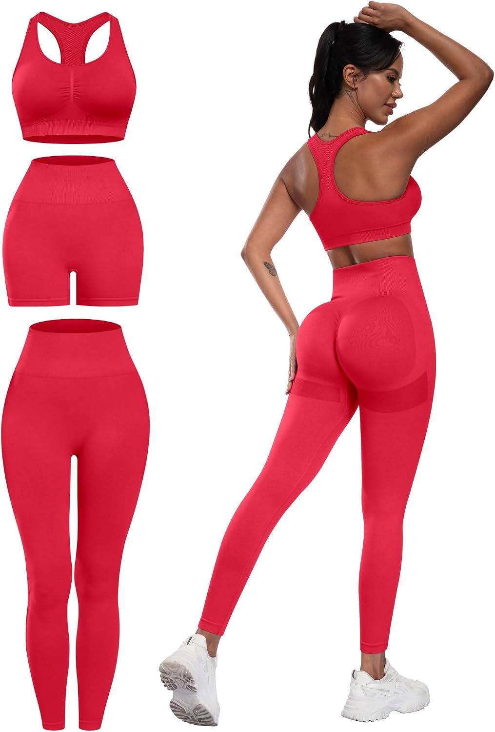 3 Piece Workout Sets for Women Butt Lifting Leggings with High Impact Sports Bra Gym Shorts
