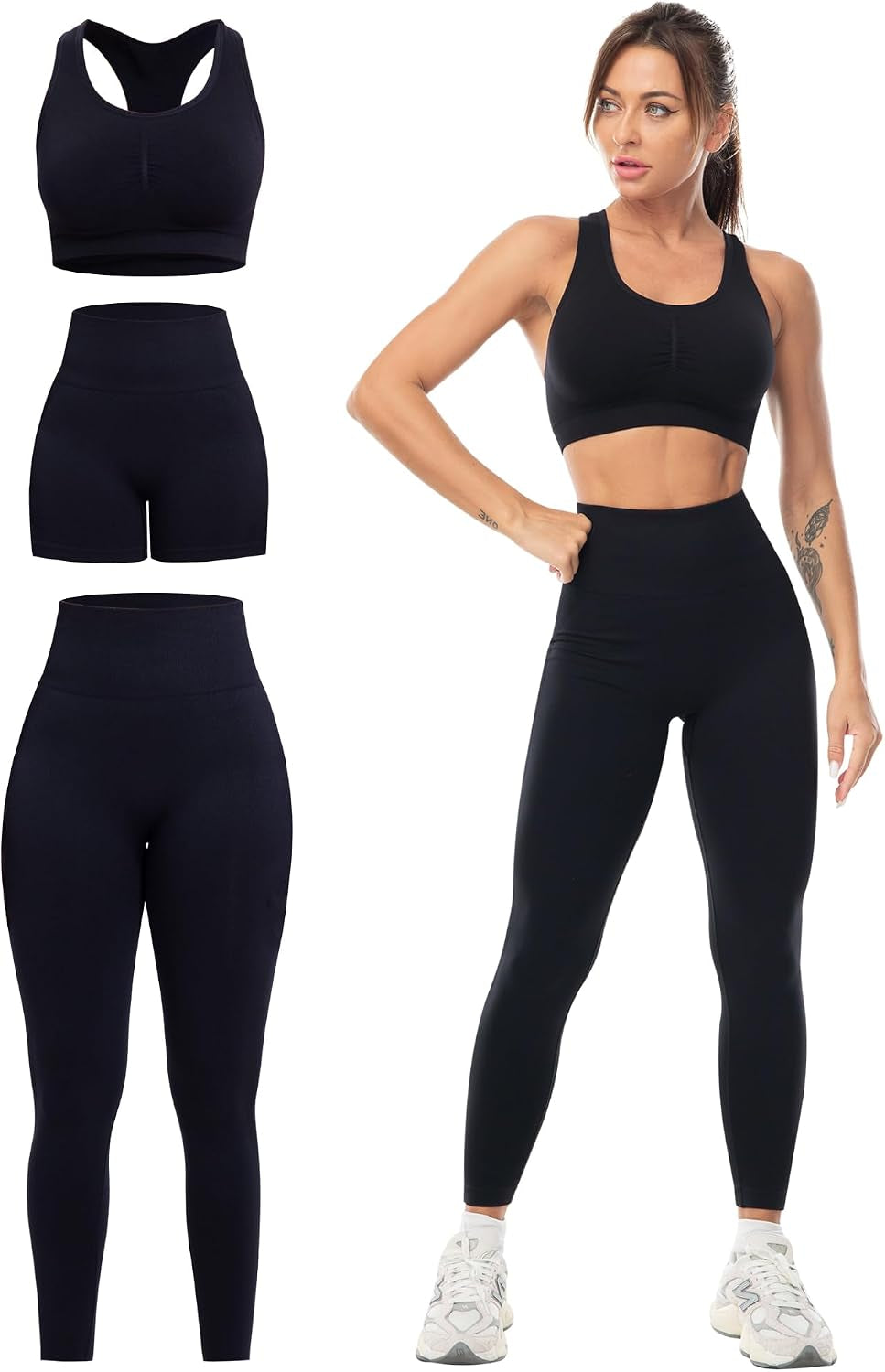 3 Piece Workout Sets for Women Butt Lifting Leggings with High Impact Sports Bra Gym Shorts