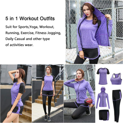 5 Piece Matching Workout Sets for Women Yoga Gym Athletic Pilates Outfits