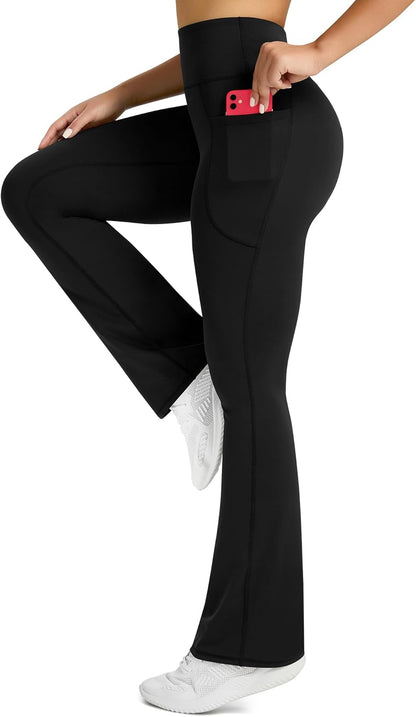 Womens Flared Yoga Pants with Pockets, High Waisted Flare Leggings Bell Bottom Bootcut Yoga Dress Pants