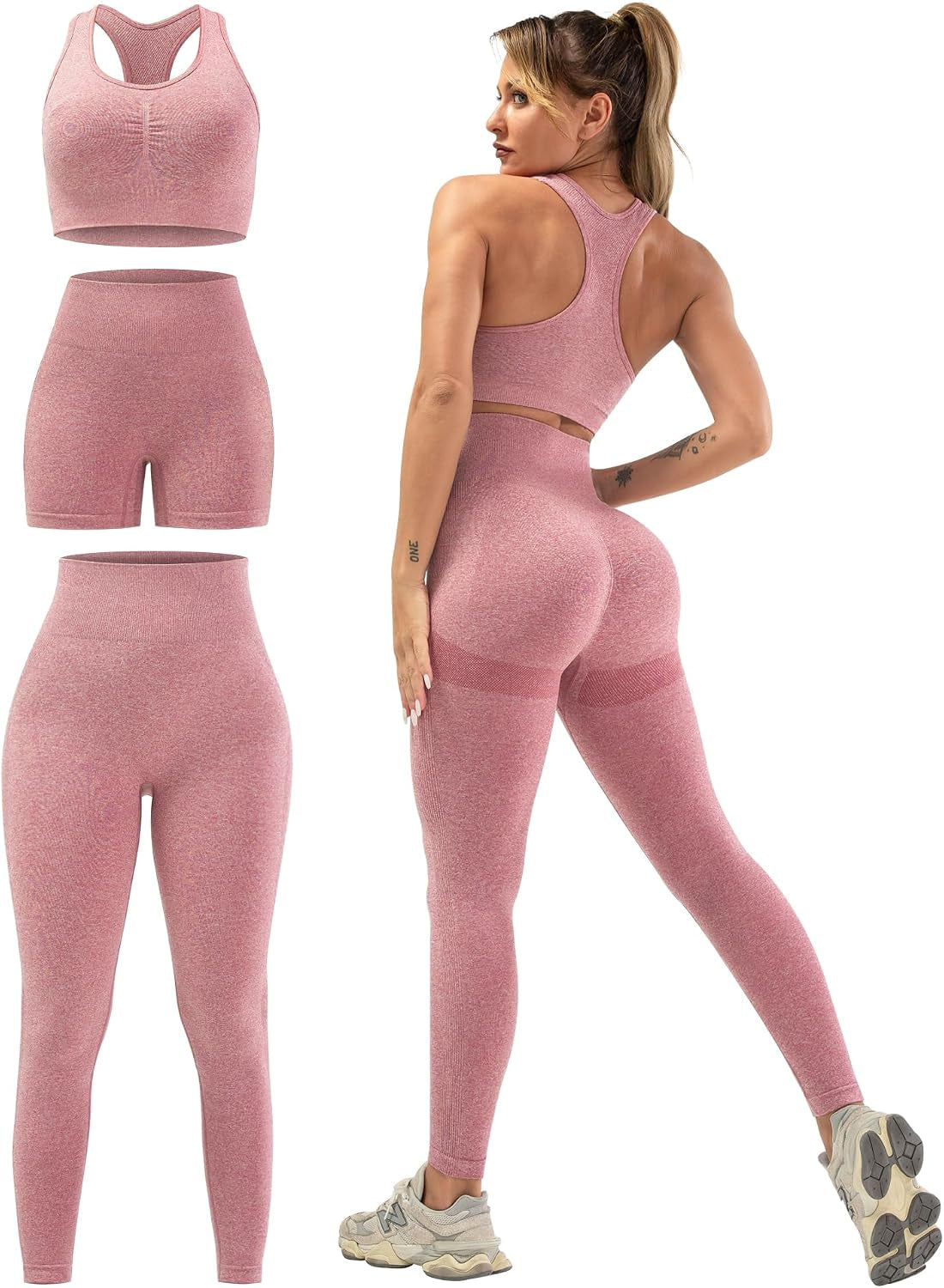 3 Piece Workout Sets for Women Butt Lifting Leggings with High Impact Sports Bra Gym Shorts