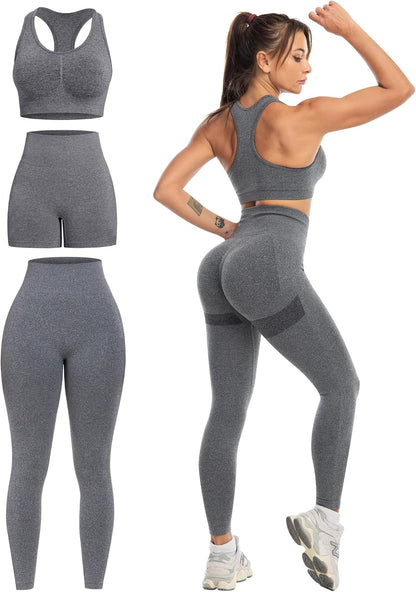 3 Piece Workout Sets for Women Butt Lifting Leggings with High Impact Sports Bra Gym Shorts