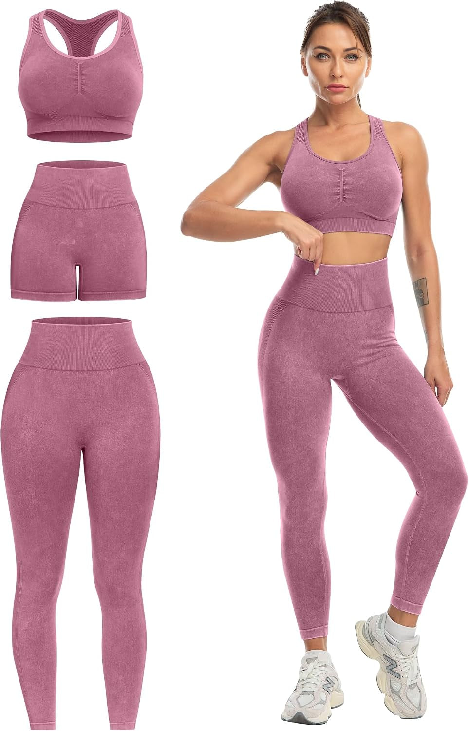 3 Piece Workout Sets for Women Butt Lifting Leggings with High Impact Sports Bra Gym Shorts