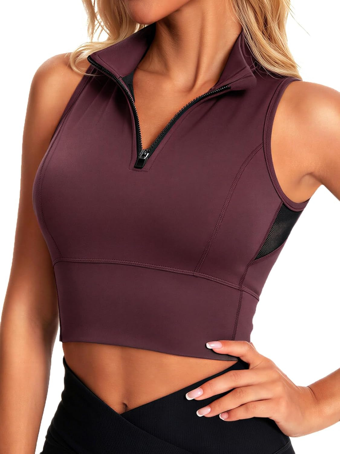Zip Front Cropped Workout Tank Tops with Built in Bra