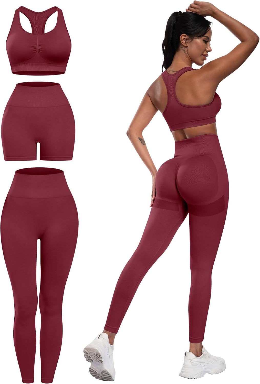 3 Piece Workout Sets for Women Butt Lifting Leggings with High Impact Sports Bra Gym Shorts