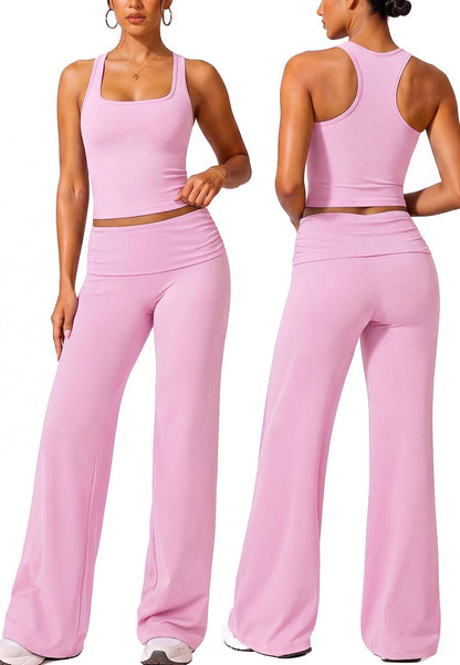 Womens Workout Sets Foldover Wide Leg Yoga Pants Pilates Outfits