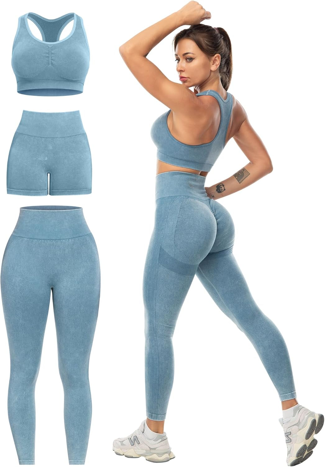 3 Piece Workout Sets for Women Butt Lifting Leggings with High Impact Sports Bra Gym Shorts