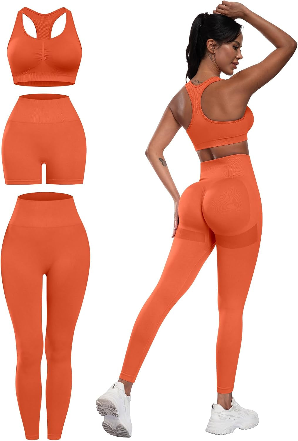 3 Piece Workout Sets for Women Butt Lifting Leggings with High Impact Sports Bra Gym Shorts