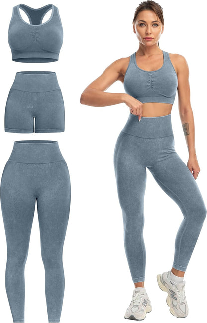 3 Piece Workout Sets for Women Butt Lifting Leggings with High Impact Sports Bra Gym Shorts