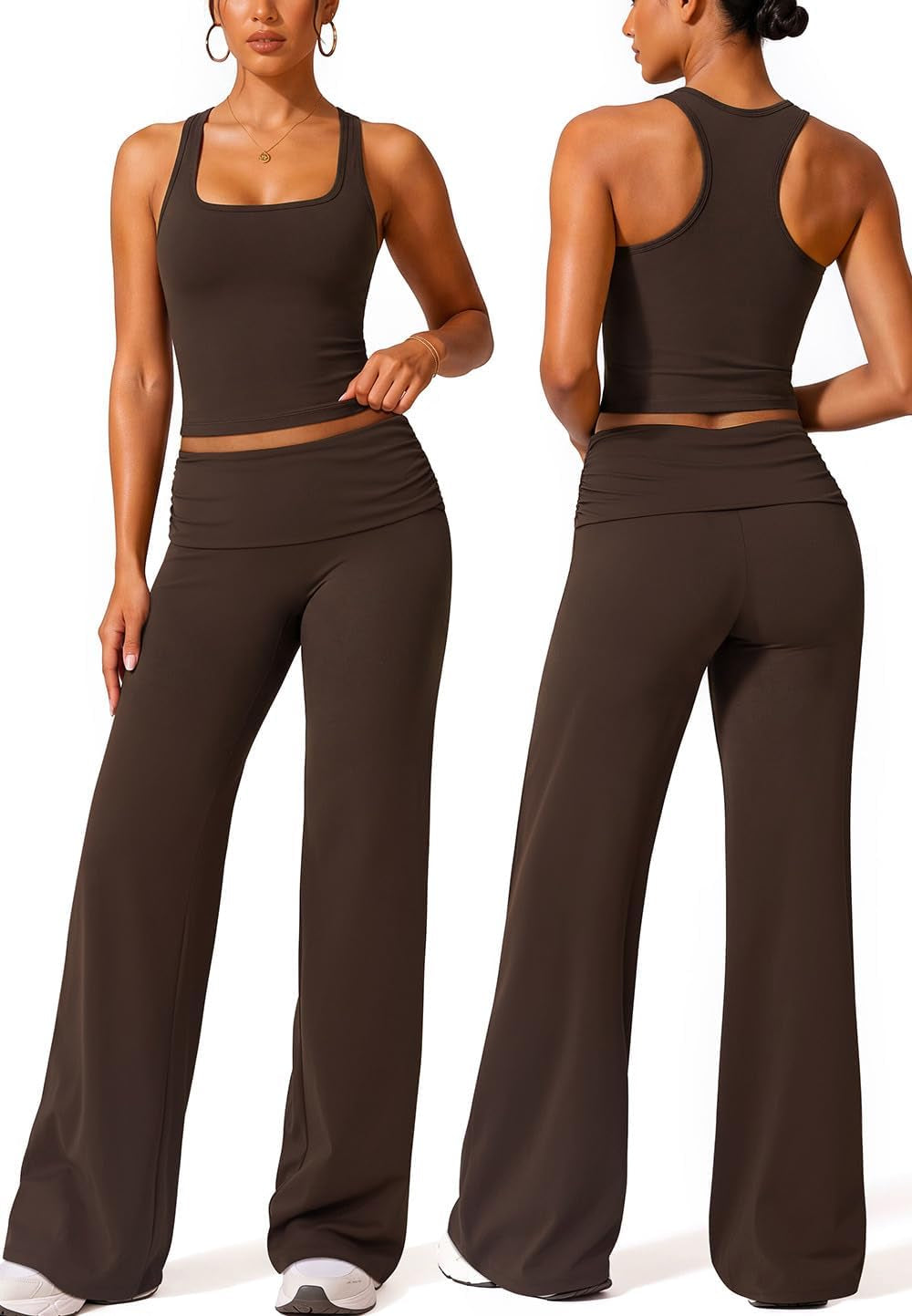 Womens Workout Sets Foldover Wide Leg Yoga Pants Pilates Outfits