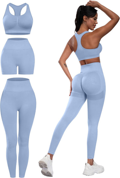 3 Piece Workout Sets for Women Butt Lifting Leggings with High Impact Sports Bra Gym Shorts