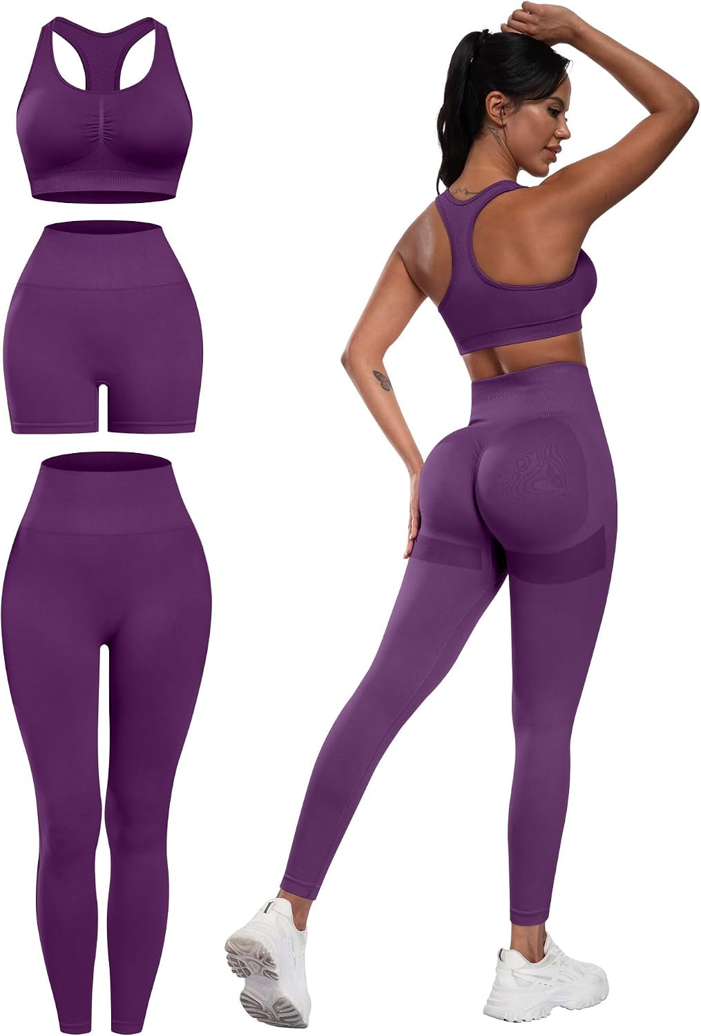 3 Piece Workout Sets for Women Butt Lifting Leggings with High Impact Sports Bra Gym Shorts