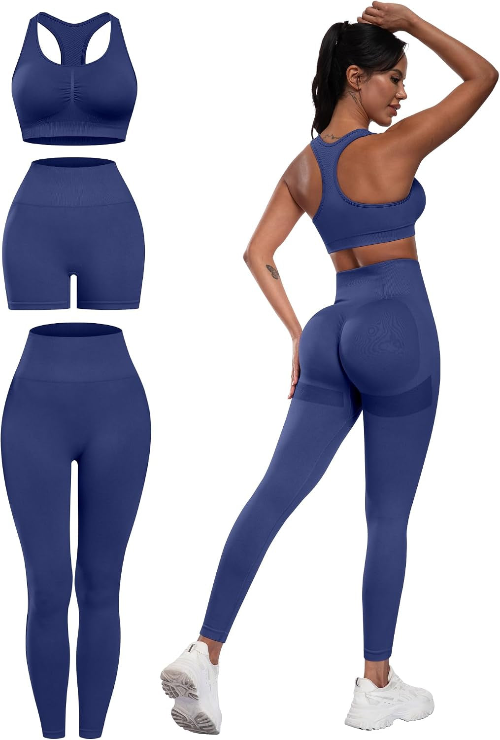 3 Piece Workout Sets for Women Butt Lifting Leggings with High Impact Sports Bra Gym Shorts