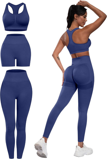 3 Piece Workout Sets for Women Butt Lifting Leggings with High Impact Sports Bra Gym Shorts