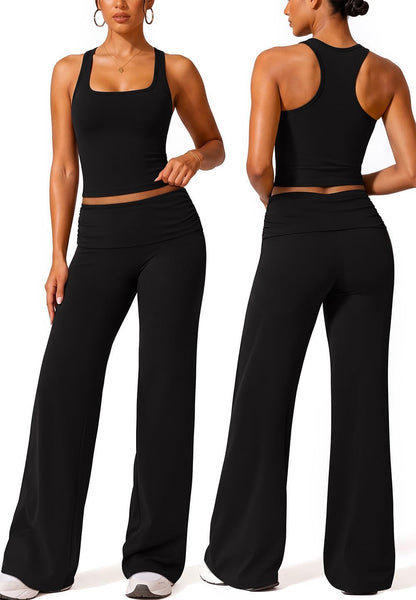 Womens Workout Sets Foldover Wide Leg Yoga Pants Pilates Outfits