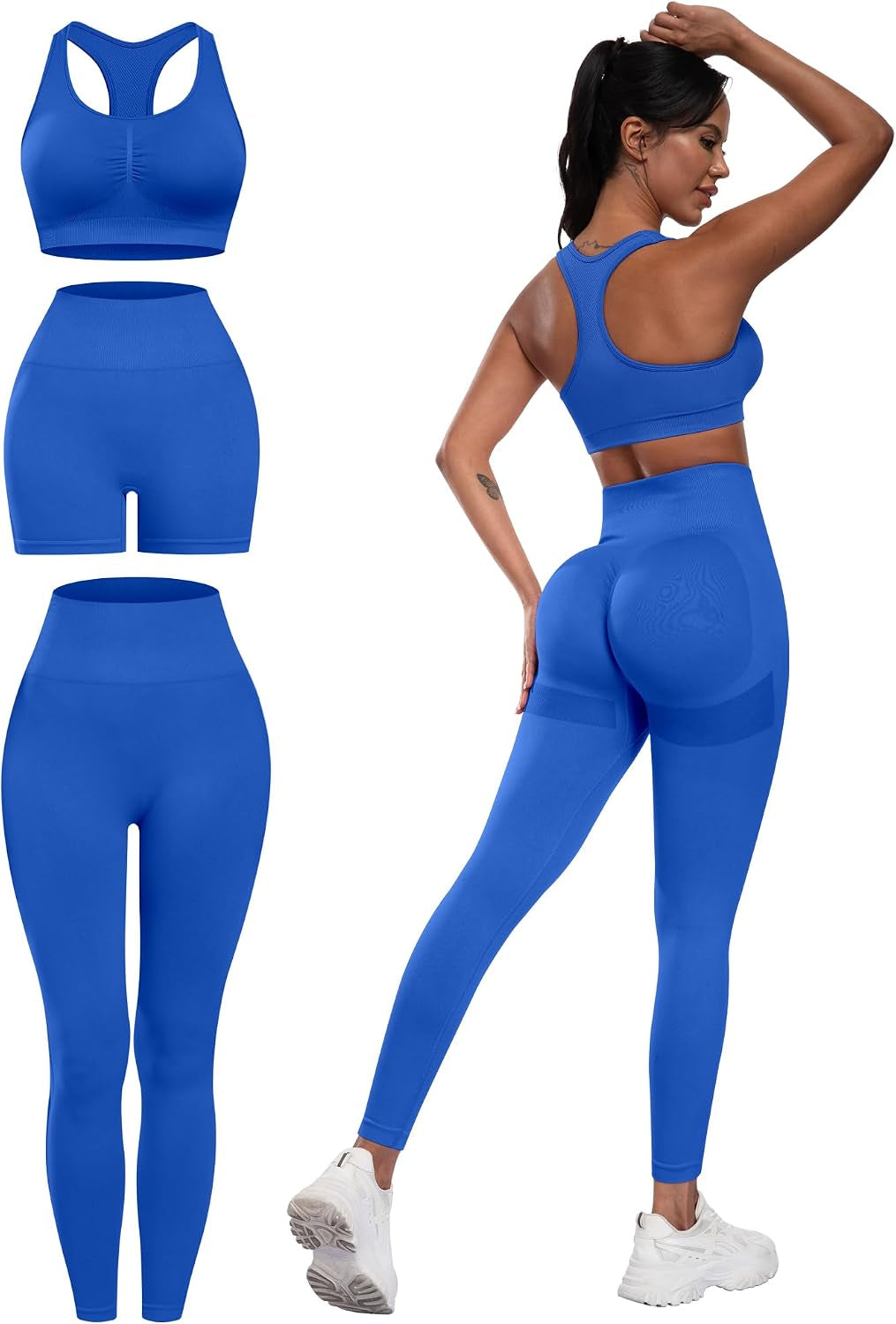 3 Piece Workout Sets for Women Butt Lifting Leggings with High Impact Sports Bra Gym Shorts